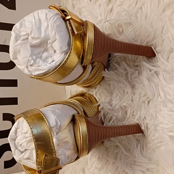 New SCHUTZ Marcella Women's Metallic Gold Strappy Stiletto Heels SZ 5B - Picture 10 of 13